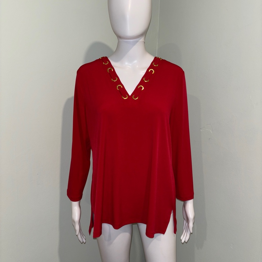 Michael Kors Red Long Sleeve V Neck Blouse with Gold Detailing - L
